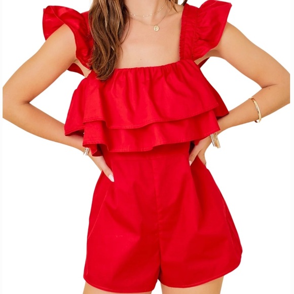 Red Ruffled Women's Romper - Picture 3 of 6